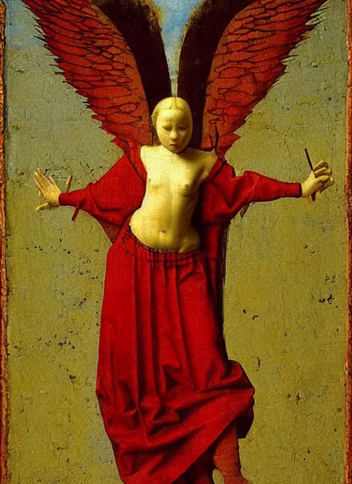 Image similar to Flying Fallen Angel with wings dressed in red, Medieval painting by Jan van Eyck, Johannes Vermeer, Florence