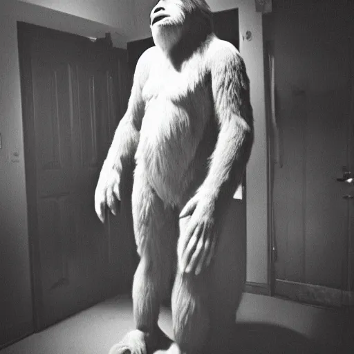 Prompt: Bigfoot taking off his costume after a long day at work, blurry, black and white