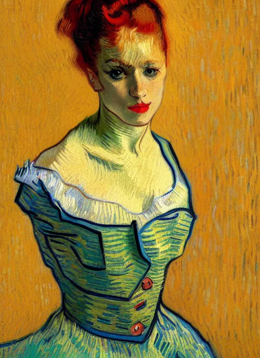 Image similar to portrait of a beautiful parisian dancer, detailed face in painting, beautiful expressionist oil painting masterpiece, 8 k resolution, smooth, sharp focus, pastel color palette, trending on artstation, by van gogh