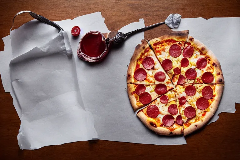 Prompt: an amongus crewmate shaped-pizza, food photography, studio photography. Highly detailed.