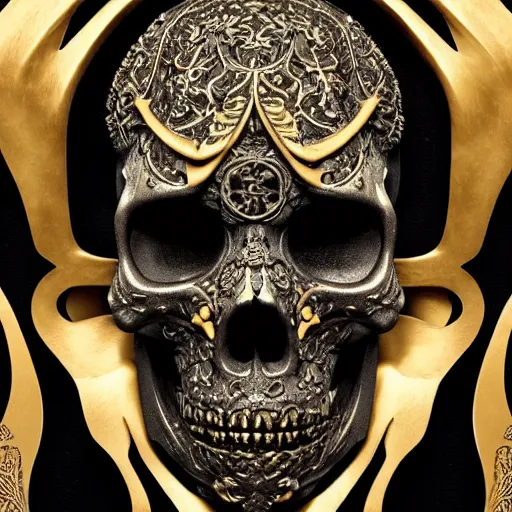 Image similar to skull in black concrete with intricate gold inlay carving in art nouveau style, hyper detailed, insane details, intricate, elegant, luxury, dramatic lighting, CGsociety, hypermaximalist, golden ratio, fog, overcast lighting, moody atmosphere, environmental key art, octane render, weta digital, micro details, 3d sculpture, ray trace, 8k