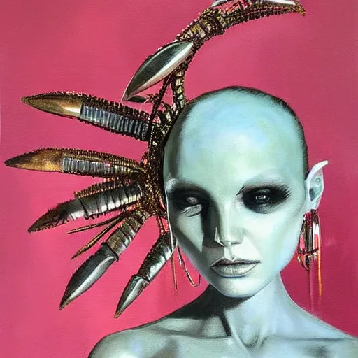 Image similar to a hyper realistic painting of an alien princess, metal headdress, by michael carson, highly detailed, vivid color,