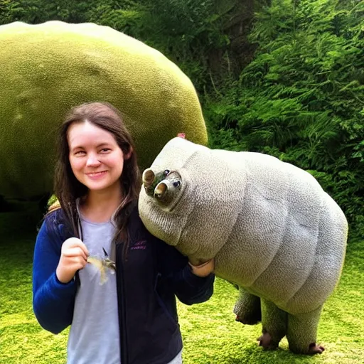 Prompt: A girl and her pet tardigrade (Milnesium tardigradum), giant water bear, moss piglet, plump chubby algae eater