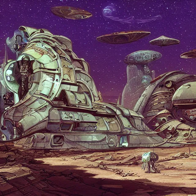 Prompt: next to a crashed spaceship on a desert planet, from a space themed point and click 2 d graphic adventure game, set design inspired slightly by hg giger, art inspired by thomas kinkade