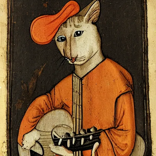 Prompt: medieval portrait of a cat playing lute, colorful