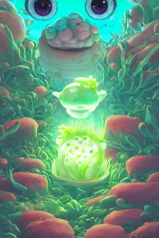 Image similar to roots cactus sushi cristal smurf ghost creature animal sushi cristal very big eye roots cactus elemental flush of force nature micro world fluo fishscale, behance hd by jesper ejsing, by rhads, makoto shinkai and lois van baarle, ilya kuvshinov, rossdraws radiating a glowing aura global illumination ray tracing hdr