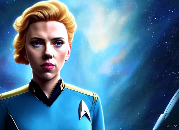 Prompt: a disney film still of scarlett johansson as a star trek officer, finely detailed features, closeup of the face, perfect art, dusk, blue hour, gapmoe yandere grimdark, trending on pixiv fanbox, painted by greg rutkowski, makoto shinkai, takashi takeuchi, alphonse mucha, akihiko yoshida