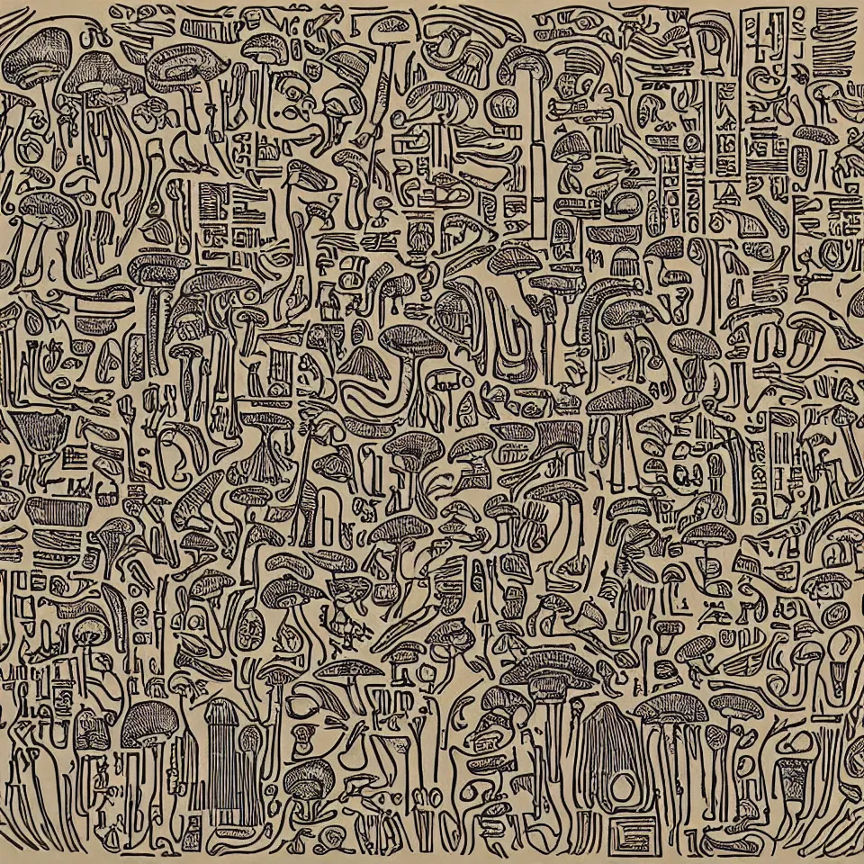 Image similar to a linocut engraving of hyeroglyphs made out of mushrooms