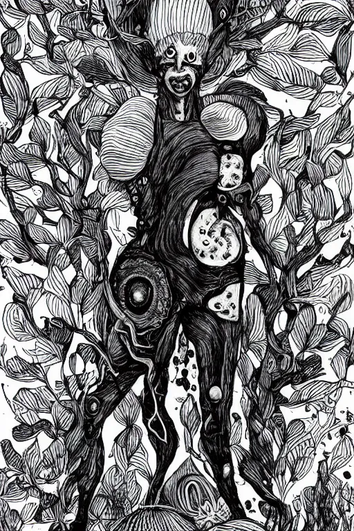 Image similar to black and white illustration, creative design, body horror, mushroom man