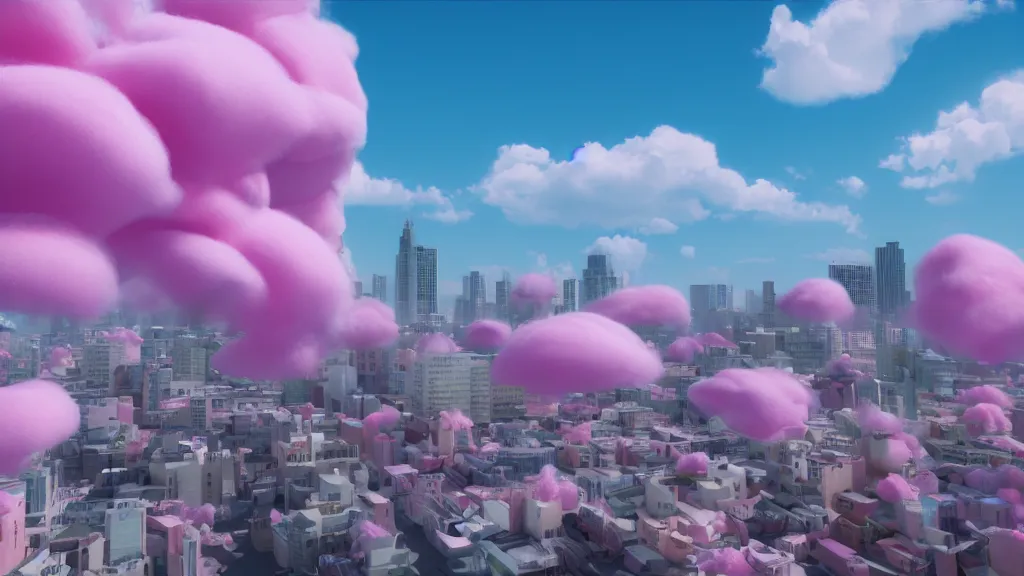 Prompt: a city made of cotton candy, octane render, 8 k, photorealistic