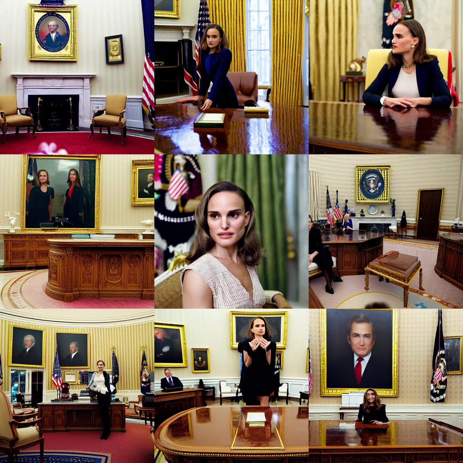 Prompt: portrait photo of president natalie portman in the oval office, resolute desk, photo by pete souza, close - up