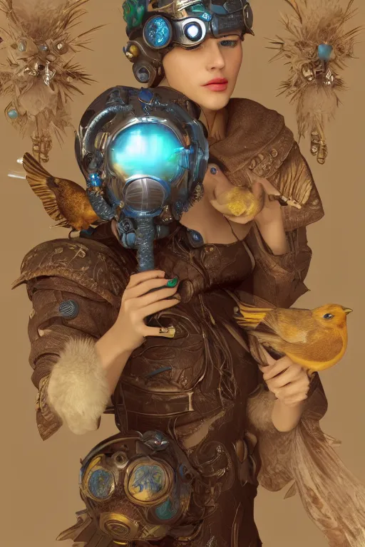 Image similar to cyber helmet 3 d render of english princess holding birds, ornaments, mucha vibe, dieselpunk, solarpunk, artstation, andrei riabovitchev