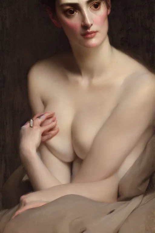 Prompt: portrait en buste Winona Ryder in Georgian round dress by Roberto Ferri, by Jeremy Lipking, Realism, abundant detail, muted tones, Regency-Era, Empire silhouette