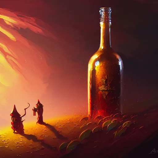 Image similar to bottle of mead exploding, highly detailed, digital painting, artstation, concept art, smooth, sharp focus, illustration, by anato finnstark, boissb - blanca. j, cindy avelino, clint cearley, anna podedworna