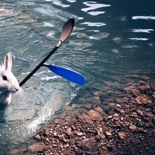 Image similar to a grey rabbit paddling a blue kayak on a small calm stream, 4k photorealistic