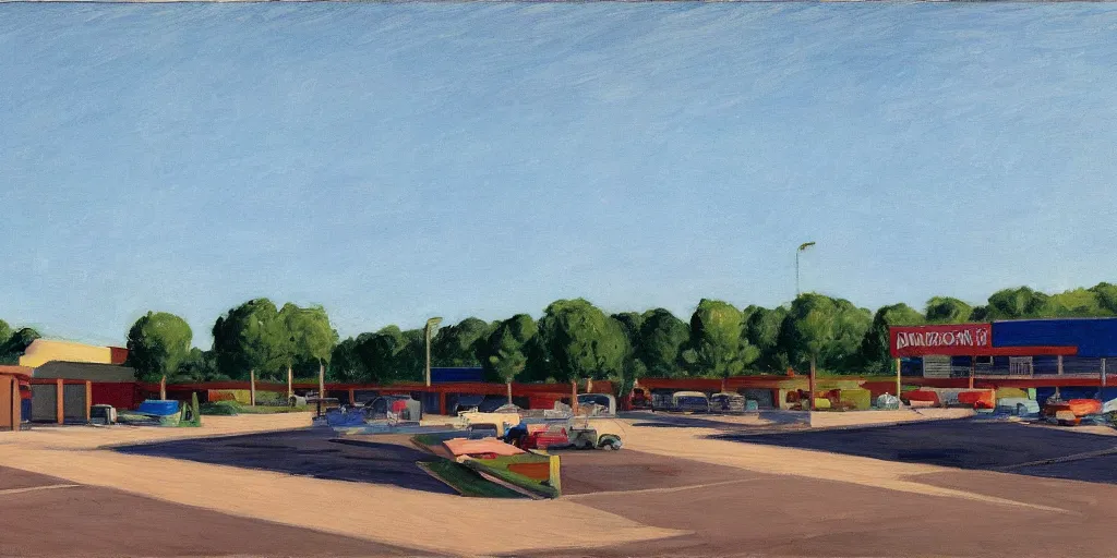 Prompt: The parking lot behind a Walmart in a North American suburban strip mall by Edward Hopper