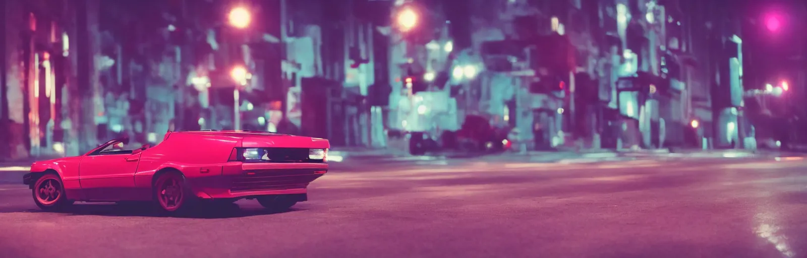 Prompt: 80s red sports car, parked on deserted city street at night time, purple lighted street, wide angle, cinematic, retrowave vibes, grainy, soft motion blur, VHS Screencap