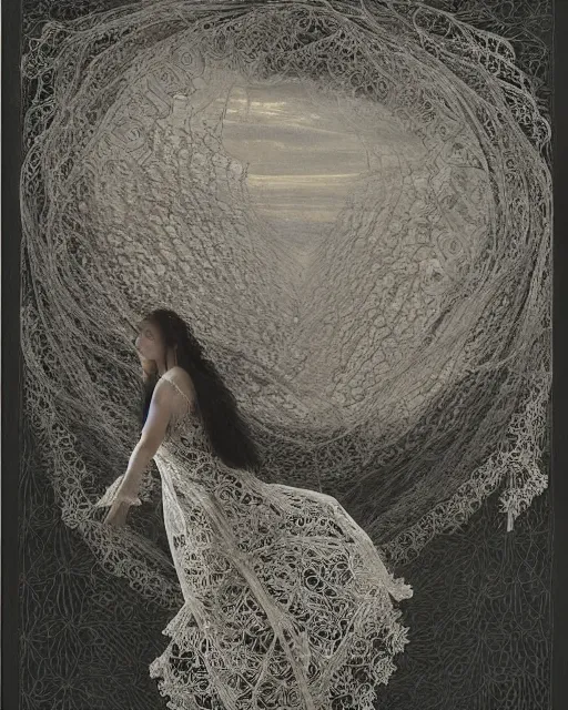 Image similar to a woman floating above the sea, made of intricate decorative lace leaf skeleton, in the style of the dutch masters and gregory crewdson, dark and moody