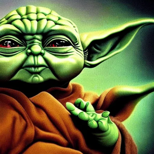 Image similar to portrait ultra dimensional baby yoda tripping on dmt, psychedelic experience, overwhelming self realization and awakening, ultra high definition, unreal engine 5, hyperrealism, masterpiece composition, surrealism by alex grey, salvador dali 8 k photorealistic