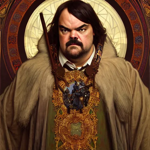 Prompt: full portrait of jack black as king friday, fantasy, d & d, intricate, detailed, by by alphonse mucha, adolfo hohenstein, alice russell glenny, stanley artgerm lau, greg rutkowski, detailed, trending on artstation, trending on artstation, smooth