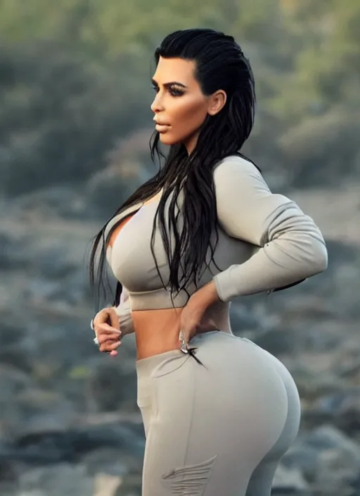 Image similar to Kim kardashian wearing a tracksuit, backround: caravan, uhd, photo: realistic, 4k, cinematic, faint light, wide shot, cigarette in hand