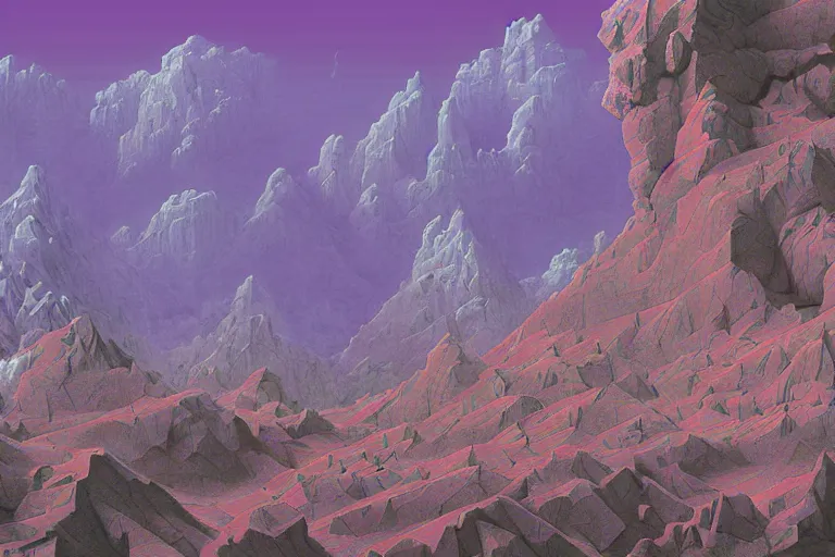 Image similar to beautiful rendered in zbrush ancient painting of a beatiful scenic mountain range surrounded by holographic Myrtle squares, retro tech, vaporwave, by Jean Giraud and Zdzisław Beksiński and Chesley Bonestell and James Gurney, Mc Escher,