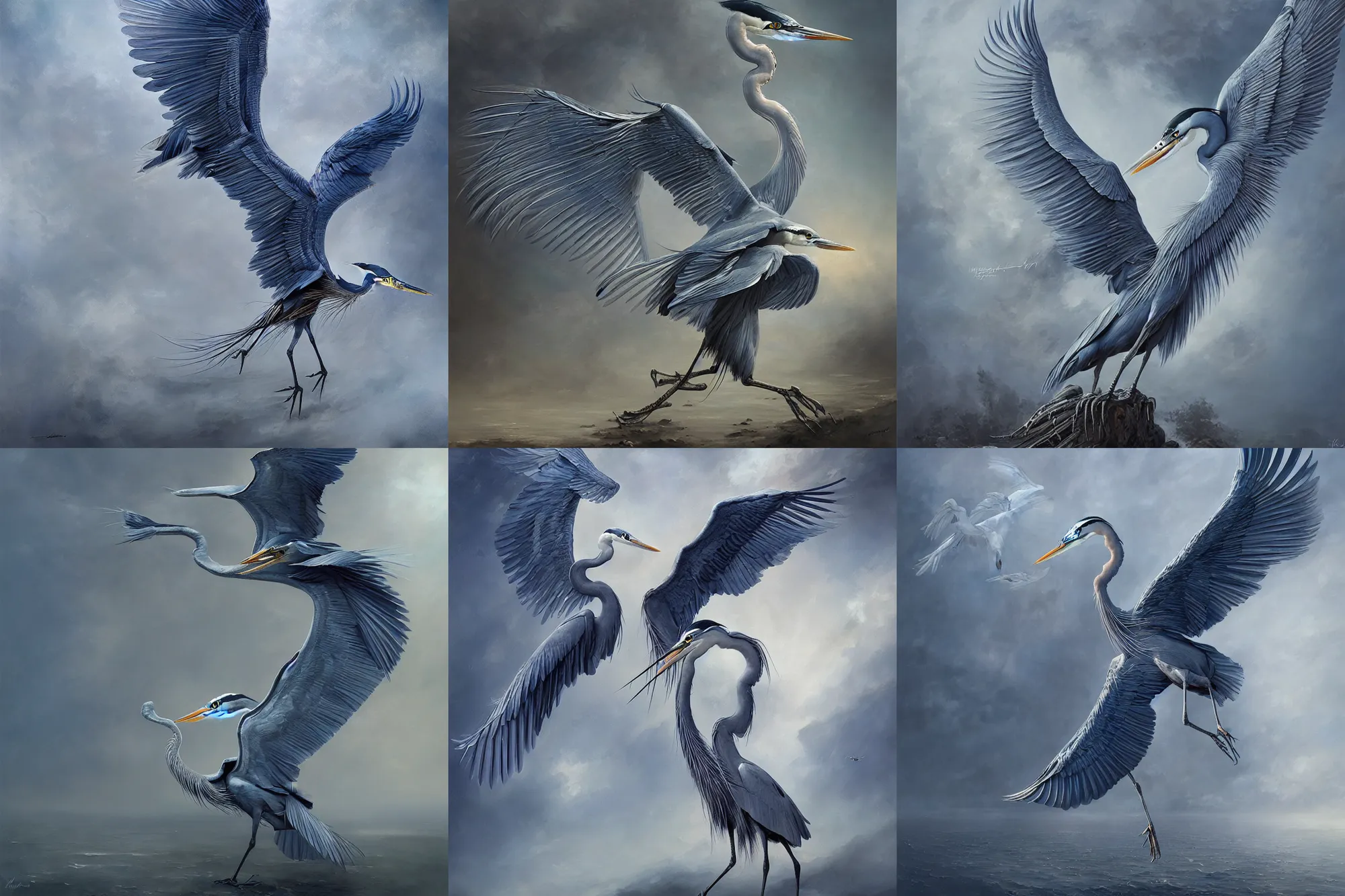 Prompt: portrait of a majestic blue heron spreading his wings, digital painting, extremely detailed, 4k, intricate, brush strokes, Giger, Mark Arian, Artgerm, Bastien Lecouffe-Deharme