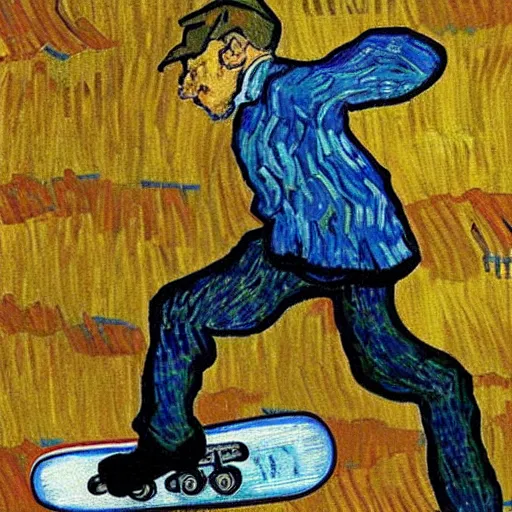 Image similar to Van Gogh skateboarding in the style of Van Gogh