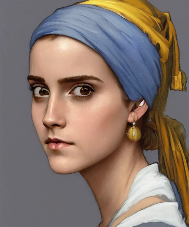 Image similar to Emma Watson as the girl with the pearl earring, highly detailed, digital painting, artstation, concept art, smooth, sharp focus, illustration, ArtStation, art by artgerm and greg rutkowski and alphonse mucha and J. C. Leyendecker and Edmund Blair Leighton and Katsuhiro Otomo and Geof Darrow and Phil hale and Ashley wood and Ilya repin and Charlie Bowater