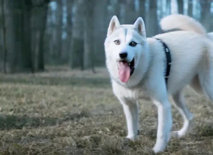 Image similar to film still of an anthropomorphic standing upright man dog white vested husky!!!!!! in a white vest wearing a white vest!!!!! in the new sci - fi movie, 8 k