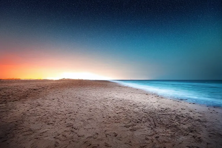 Image similar to bioluminescent waves, beach, night, landscape, relax atmosphere, magic atmosphere, photo realistic