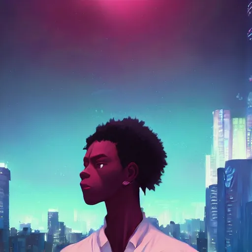 Image similar to afro - cyberpunk man manifesting dreams with ancestral magic in a modern world | hyperrealistic oil painting | by makoto shinkai, ilya kuvshinov, lois van baarle, rossdraws, basquiat | afrofuturism, in the style of surrealism, trending on artstation | dark color scheme