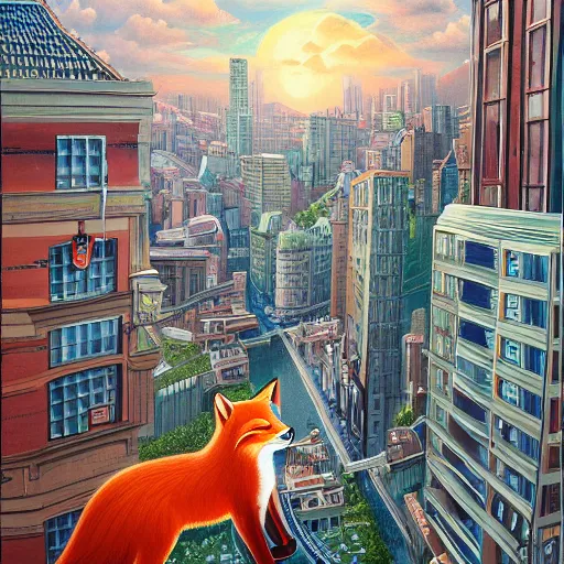 Image similar to anthropomorphic fox standing on a rooftop looking down on the city streets below, highly detailed painting