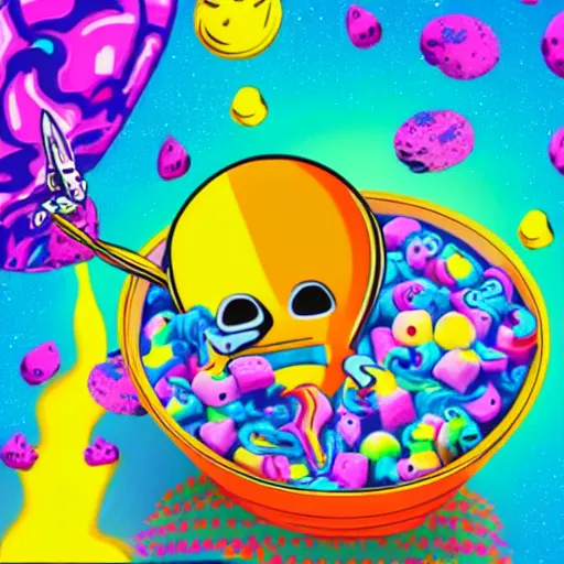 Prompt: dead astronaut floating in a bowl of colorful marshmallow cereal, in a hellish dimension of torment, by Lisa Frank