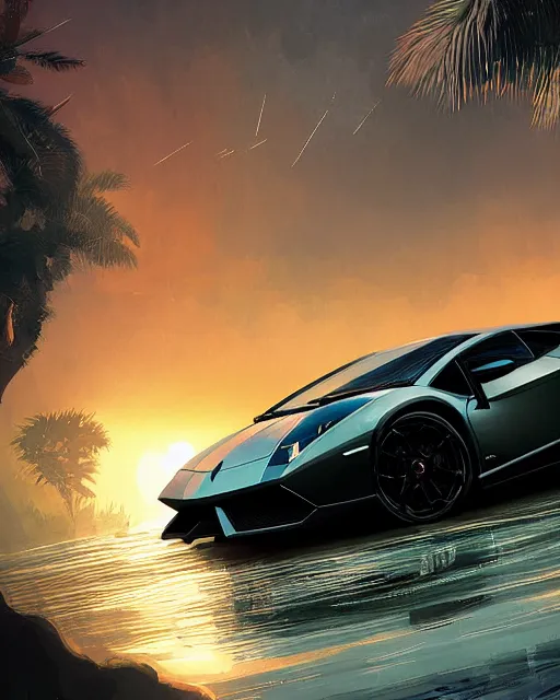 Prompt: portrait of ciri driving a lamborghini, black gold aesthetic, luxury, sunset, tropical villa, artgerm, wlop, leiji matsumoto, sylvain sarrailh, ismail inceoglu