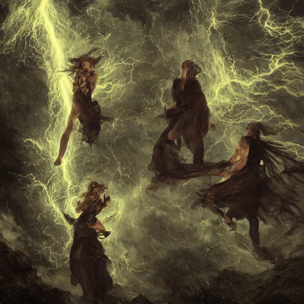 Image similar to dark towering magical firelightning storm, extreme drama, distant glowing figures, hdr, movie still, fully photorealistic, sharper luminescent focus, nd 6, art by john collier, albert aublet, krenz cushart, artem demura, alphonse mucha, diffuse lighting, artstation, smooth, textless, sharp focus,