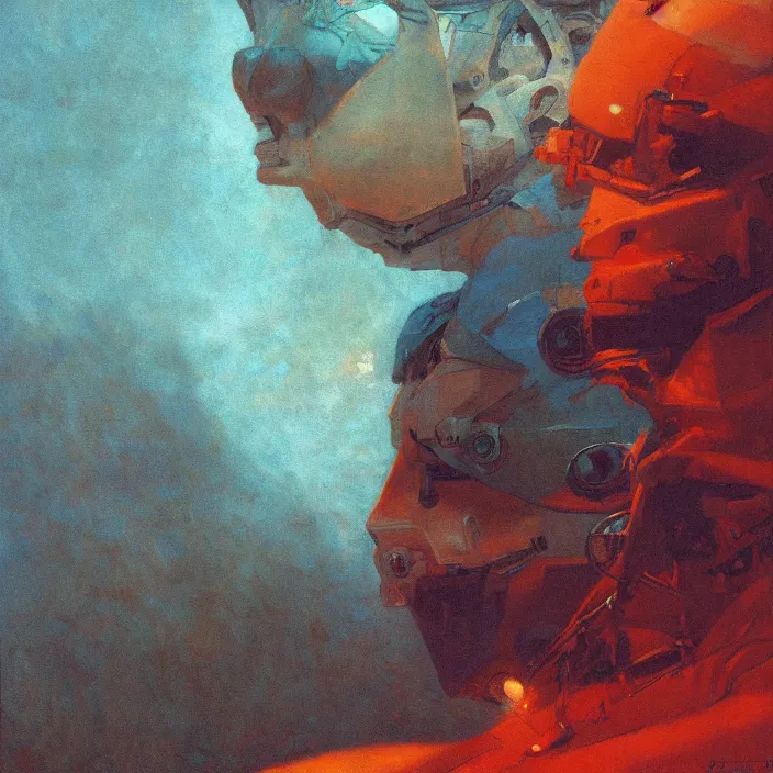 Image similar to portrait of, cinematic light, looking to the side off camera, backlight glow, teal orange, mist, by mikhail vrubel, by ( alex andreev ), by peter elson, by gerald brom, muted colors, extreme detail, trending on artstation, 8 k