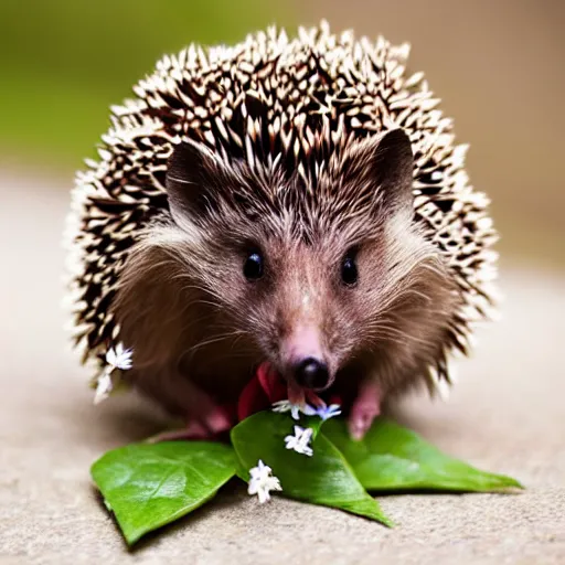 Prompt: hedgehog smelling flowers
