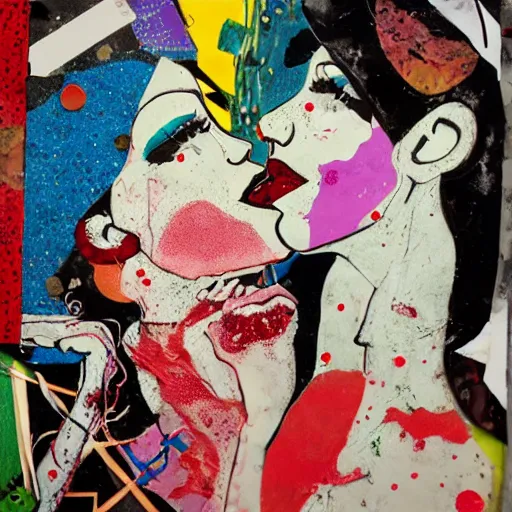 Image similar to two vampire women kissing at a carnival, mixed media collage, retro, paper collage, magazine collage, acrylic paint splatters, bauhaus, abstract claymation, layered paper art, sapphic visual poetry expressing the utmost of desires by jackson pollock