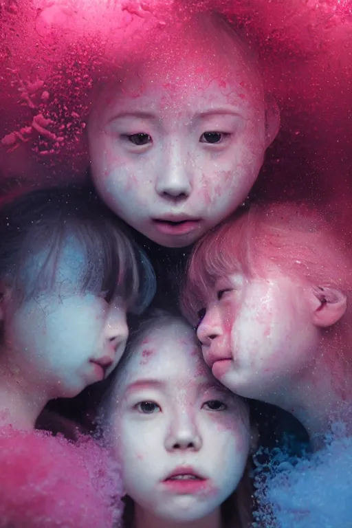 Image similar to 3d realistic dramatic infrared photo of two schoolgirls sisters with a realistic cute face fighting in a dark subway station under water in Japan. Close-up portrait. There are pink palm trees and translucent glow jellyfish flying around. Volumetric composition. Pastel colors in the style of Hiro Kiyohara, redshift, octane, trend artstation, cinematic, hyper realism, high detail, 8k