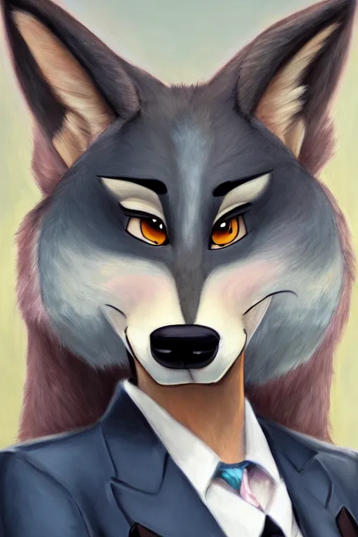 Image similar to oil painting of anthromorphic female wolf, in style of zootopia, female fursona, furry, furaffinity, 4 k, deviantart, furry art, fursona art, wearing black business suit, business suit, wolf fursona, female, very expressive detailed feminine face,