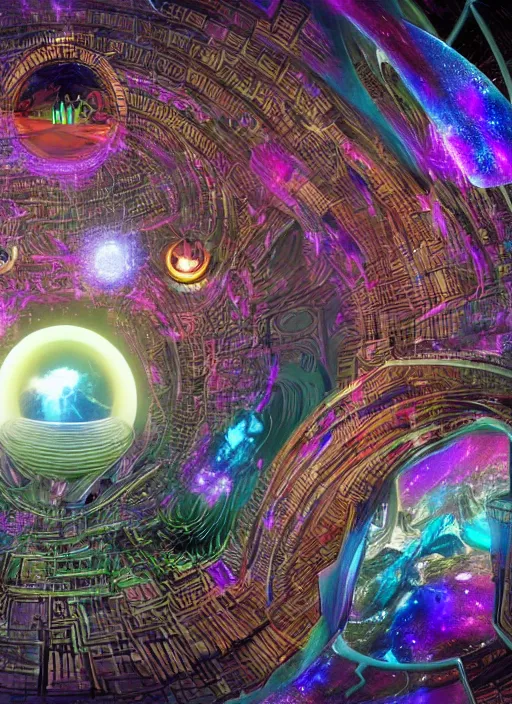 Image similar to the machine universe encounters a living cosmos inside an asymmetric orthogonal non - euclidean upside down inside out world with an infinite cosmic spiral waterfall of living information, inspired by android jones and blake foster, hyperrealistic, extreme detail, digital art, concept art, rendered in cinema 4 d, cryengine 8 k