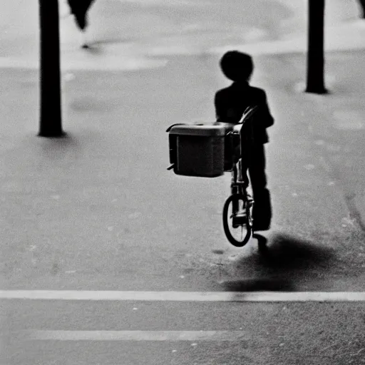 Prompt: 4x5 styled street photography, surreal scene, 35mm lens, black & white, pastel colours overlap, grainy, bokeh, depth of field, dreamy, rule of thirds