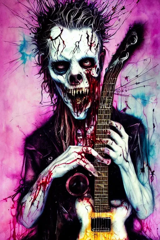 Image similar to zombie punk rocker playing guitar by agnes cecile, brian froud, intricated details, 3 / 4 view, full body portrait, extremely luminous bright design, horror, pastel colours, toxic drips, autumn lights