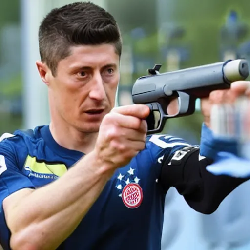 Image similar to robert lewandowski with a gun, fighting policemen