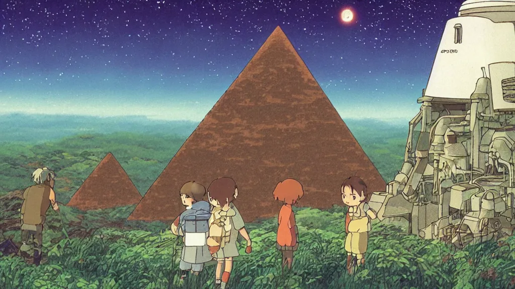 Image similar to a movie still from a studio ghibli film showing a huge industrial mining facility. a pyramid is under construction in the background, in the rainforest on a misty and starry night. a ufo is in the sky. by studio ghibli