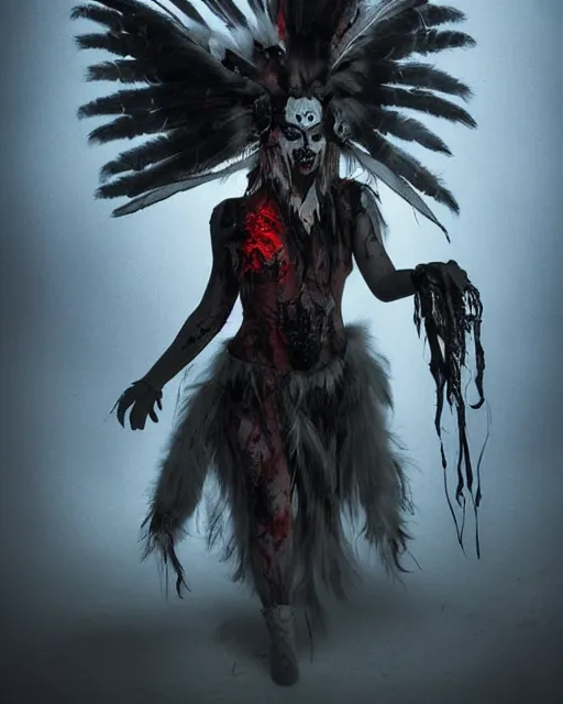 Image similar to wolf mutant ghost - spirit of the grim - warpaint wears the scarlet skull armor and native blood headdress feathers, midnight fog - mist!, dark oil painting colors, realism, cinematic lighting, various refining methods, micro macro autofocus, ultra definition, award winning photo, photograph by ghostwave - gammell - giger - shadowlord