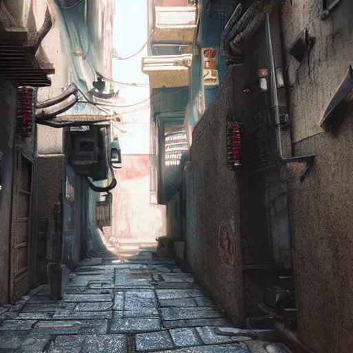 Prompt: una camiseta disuelta y rota donde salga una foto de a narrow alley with a sign in the middle of it, cyberpunk art by pan tianshou, cgsociety contest winner, shin hanga, unreal engine 5, rendered in unreal engine, world captured through photogrammetry and dissolved with real - time vfx