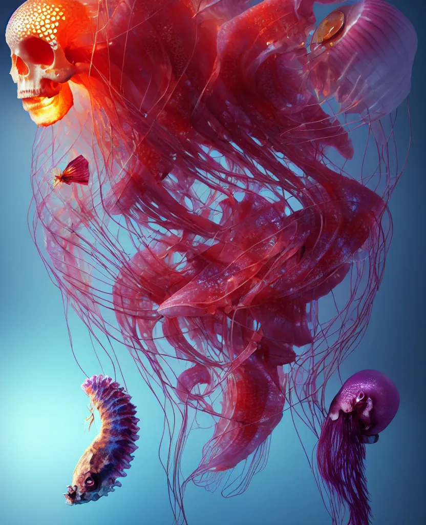 Prompt: human thorax, jellyfish phoenix head, nautilus, orchid, skull, betta fish, bioluminiscent creatures, intricate artwork by Tooth Wu and wlop and beeple. octane render, trending on artstation, greg rutkowski very coherent symmetrical artwork. cinematic, hyper realism, high detail, octane render, 8k