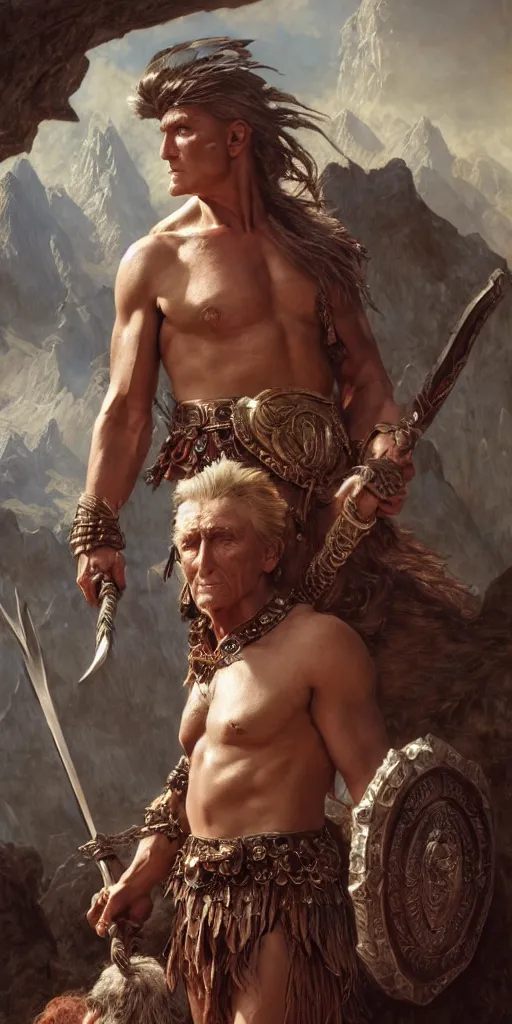 Prompt: kirk douglas as a barbarian, with a beautiful fantasy maiden, dungeons and dragons, masterpiece by edgar maxence and ross tran and michael whelan, gustav dore, 8 k, octane render